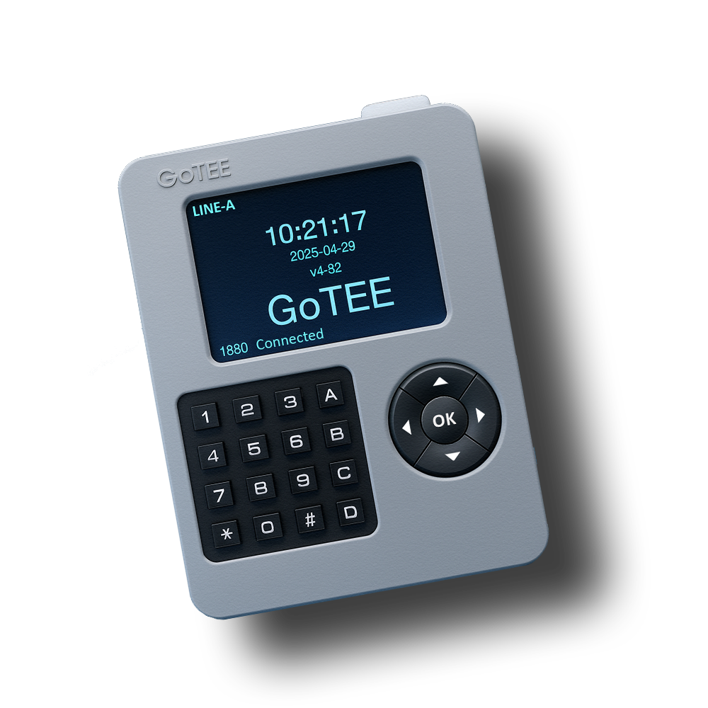 GoTEE production monitoring terminal installed on a garment sewing line for real-time production, efficiency, attendance and maintenance tracking